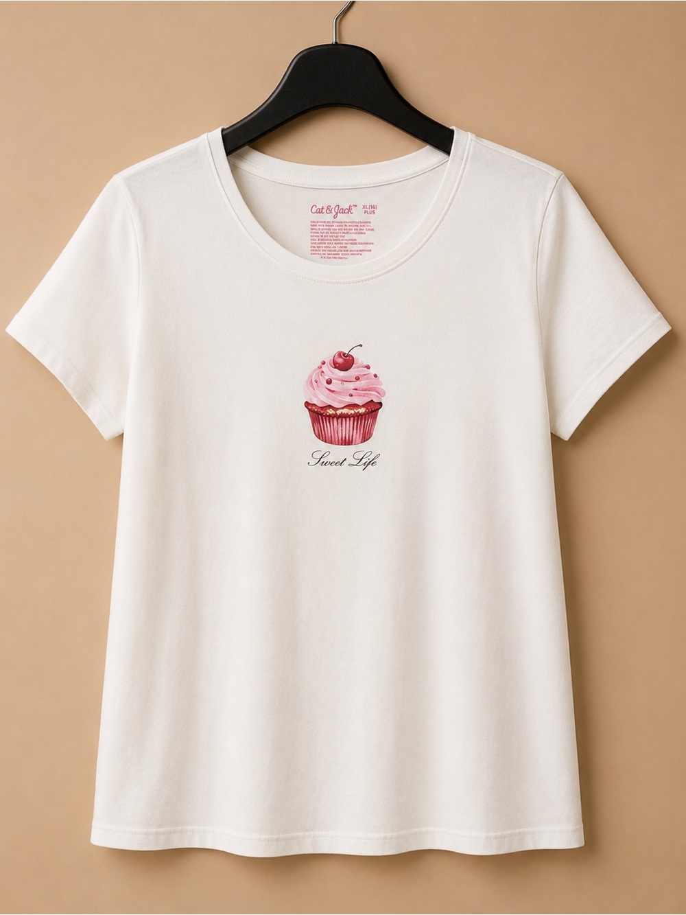 Cat & Jack White Tee with Pink Cupcake Graphic
